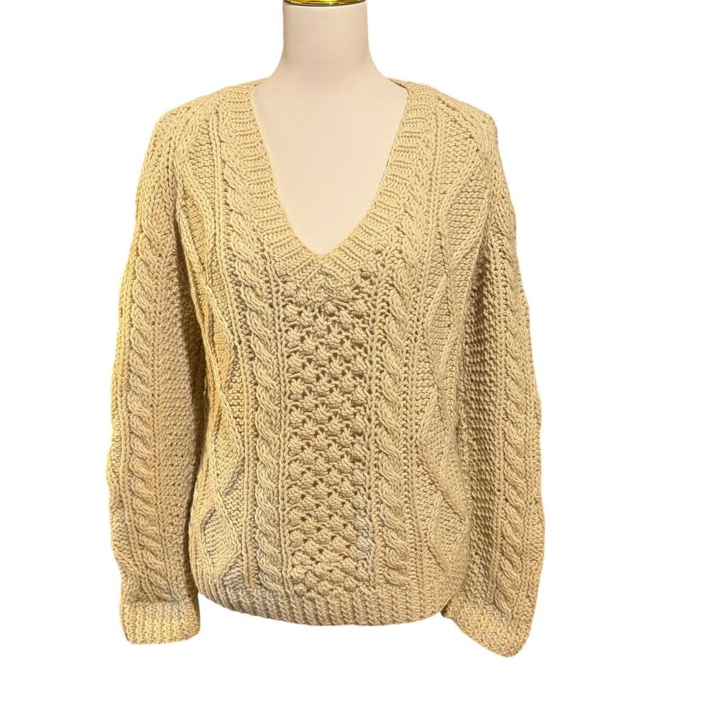 Vintage Wool Blend Cream Fisherman Sweater V Neck Cable Knit Womens Size Medium